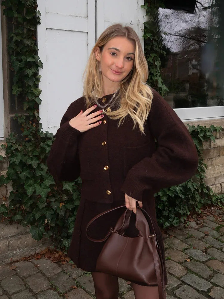 Button Front Knit Cardigan & Mini Skirt Co-Ord Set | Long Sleeve Two Piece Outfit with Pocket Detail | Chic Fall & Winter Matching Set