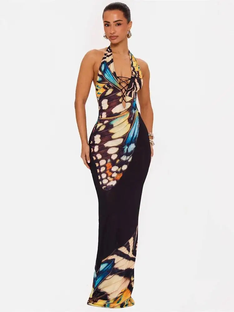 Printed Maxi Dress – Halter Neck Sleeveless Dress with Draped Bodice, Cutout Waist and Figure-Hugging Floor-Length Silhouette for Events