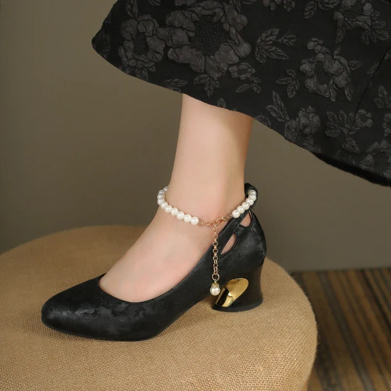 Pearl Strap Mary Jane Heels | Elegant Round Toe Pumps | Vintage Inspired Low Heel Dress Shoes