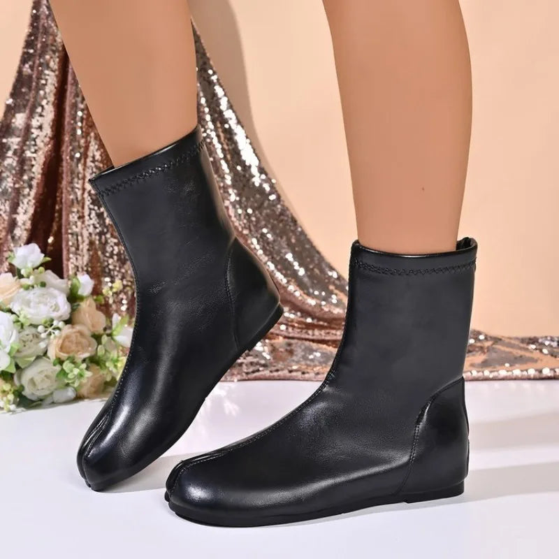 Tabi Ankle Boots | Split Toe Flat Booties | Minimalist Leather-Look Fashion Boots