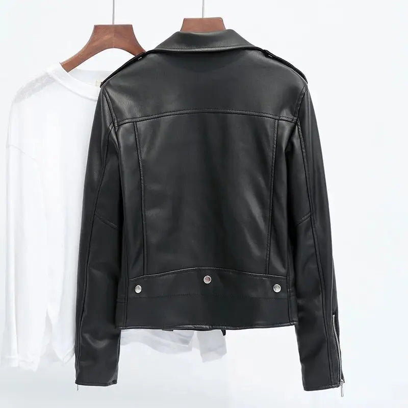 Faux Leather Biker Jacket, Cropped Moto Jacket with Silver Zippers and Wide Lapels, Edgy Casual Streetwear Outerwear