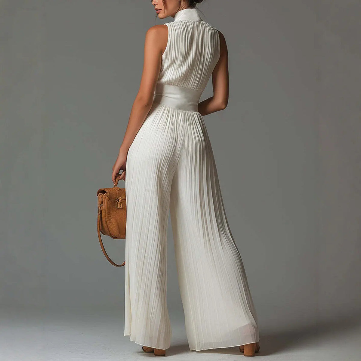 Pleated Wide Leg Jumpsuit – Sleeveless Halter Neck Jumpsuit with Deep V Neckline, Front Zip Closure and Flowing Palazzo Legs