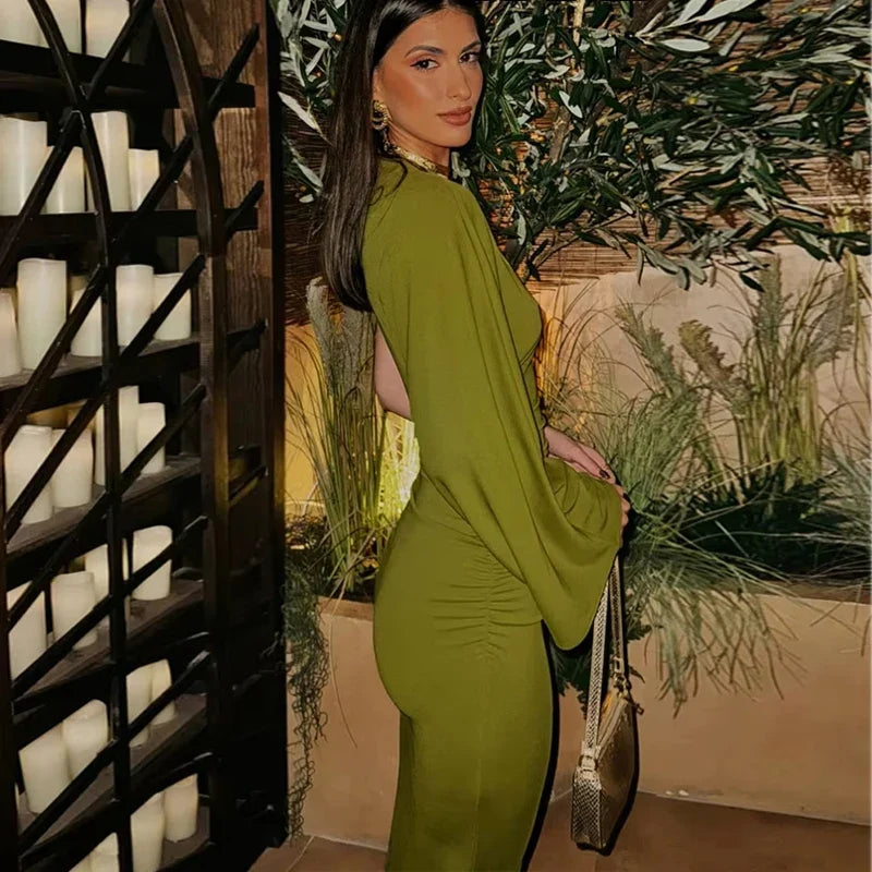 Ruched Maxi Dress – Long Sleeve Bodycon Dress with Side Cutout, Draped Waist and Figure-Hugging Silhouette for Vacations & Evening Events