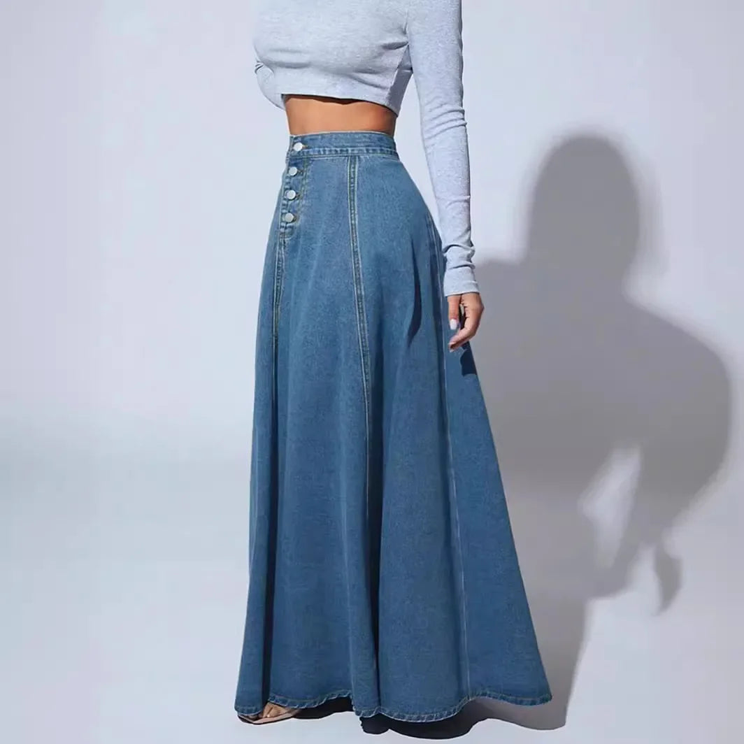 High Waisted Denim Maxi Skirt A Line Long Jean Skirt Flared Full Length Panelled Casual Streetwear Vintage Inspired