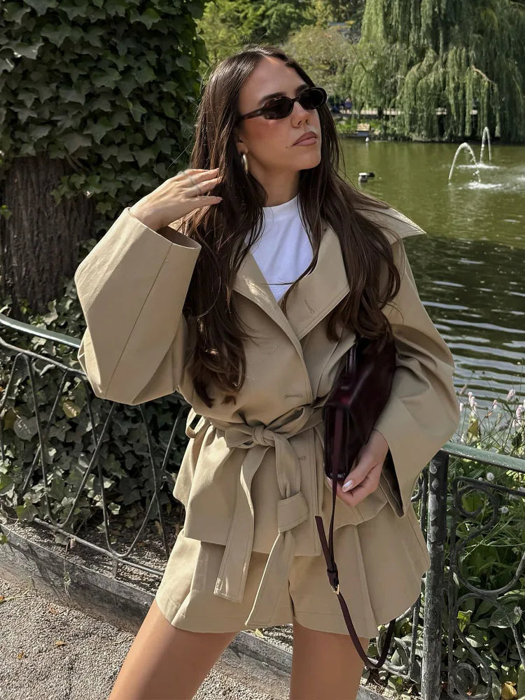 Belted Blazer & Tailored Shorts Co-Ord Set | Long Sleeve Wrap Front Suit Outfit | Chic Smart Casual Two Piece Set