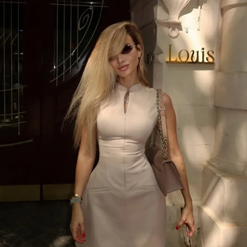 Sleeveless Mini Dress – Tailored Sheath Dress with High Neck, Front Keyhole Detail, Structured Waist and Elegant Fitted Silhouette