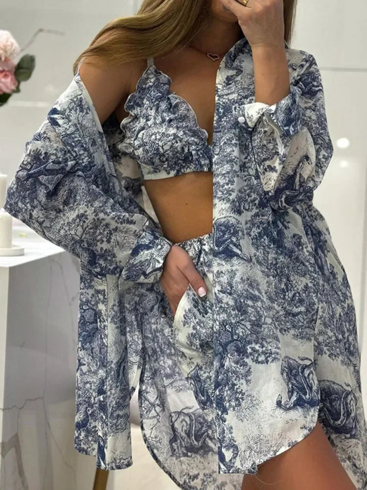 Floral Halter Crop Top & Button Front Shirt Co-Ord Set | Printed Two Piece Mini Skirt Outfit | Chic Vacation & Summer Matching Set