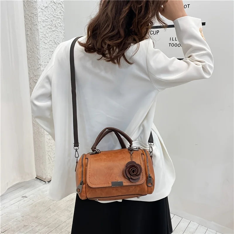 Vintage Mini Satchel Bag, Distressed Leather-Look Crossbody Handbag, Retro Top Handle Purse with Floral Accent & Adjustable Strap
