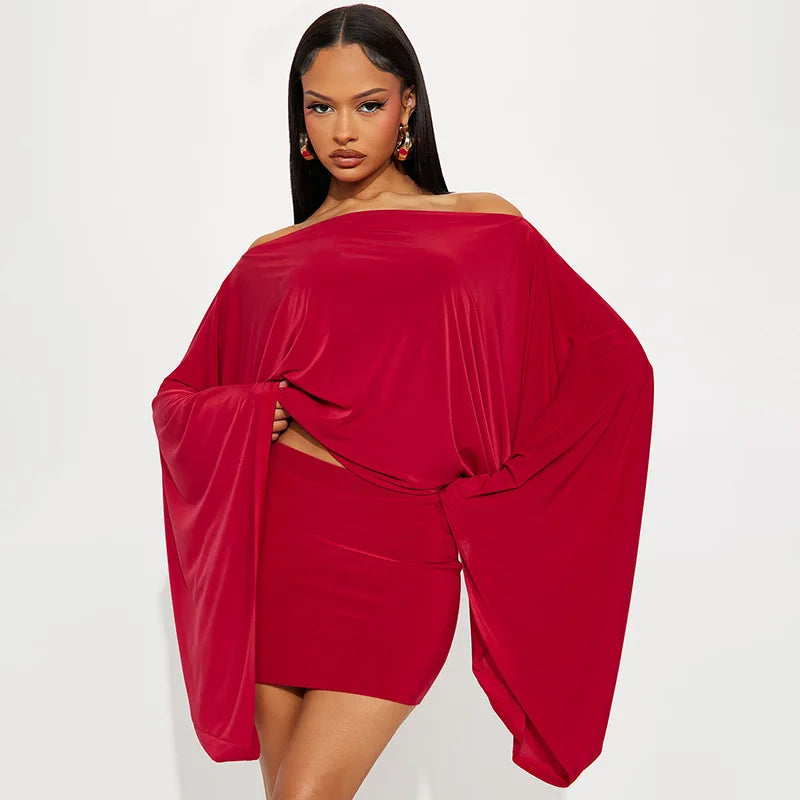 Draped Mini Dress – Off Shoulder Long Sleeve Dress with Batwing Sleeves, Relaxed Top, Fitted Skirt and Asymmetrical Drape for Parties