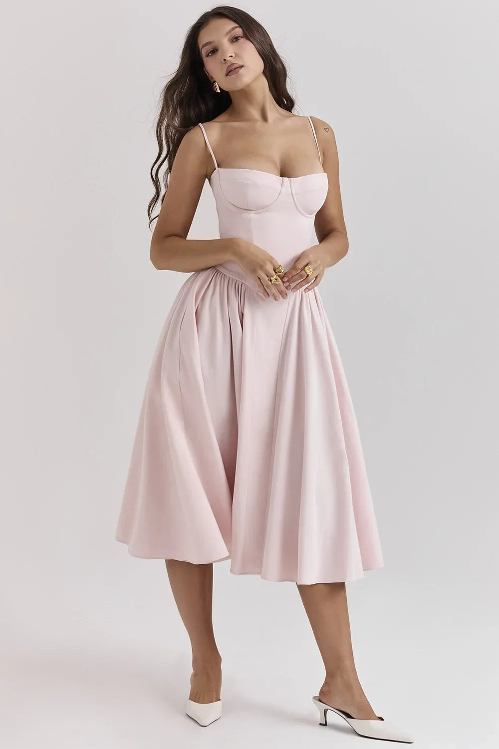 Vintage A-Line Midi Dress – Spaghetti Strap Corset Bodice Dress with Pleated Flared Skirt for Weddings, Brunches & Special Occasions