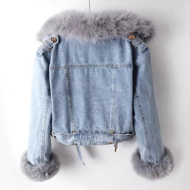 Faux Fur Trim Denim Jacket, Cropped Hooded Jacket with Plush Collar and Cuffs, Casual Winter Outerwear