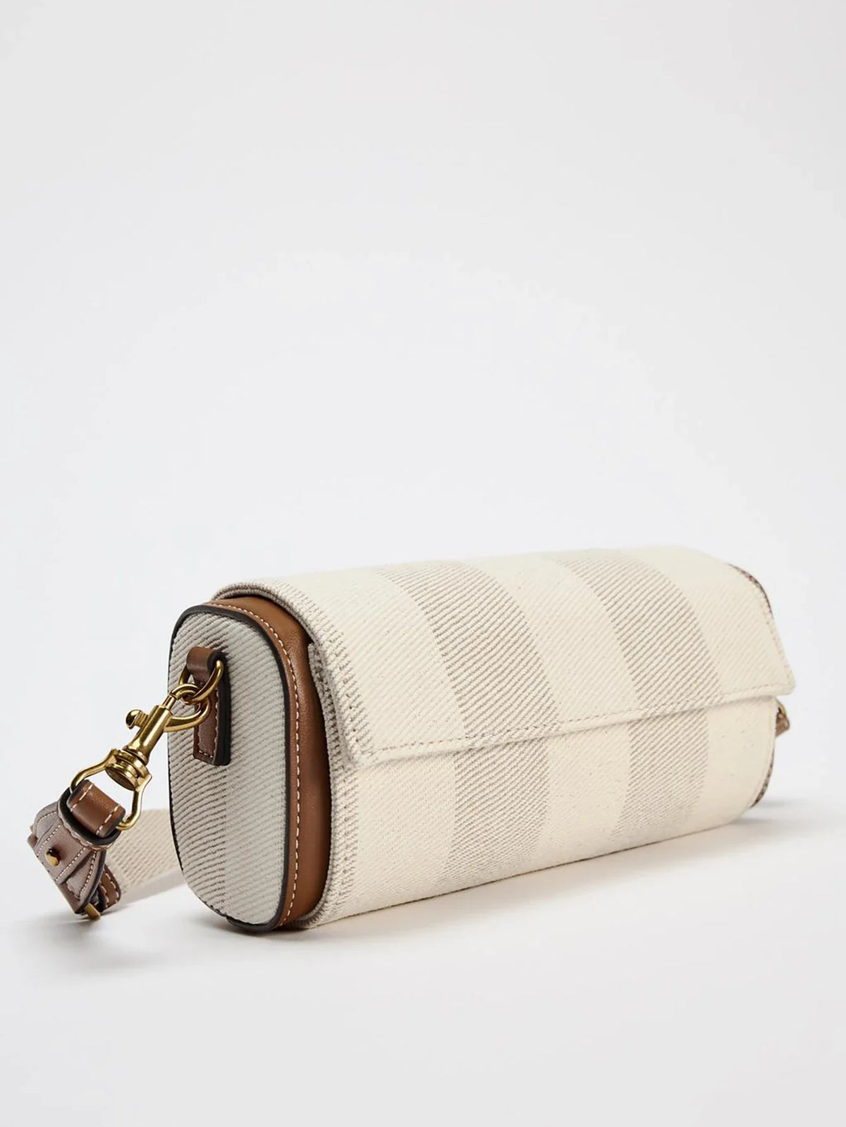 Canvas Crossbody Bag, Beige Shoulder Purse with Brown Leather Trim, Adjustable Strap, Minimalist Flap Handbag for Travel & Everyday Use