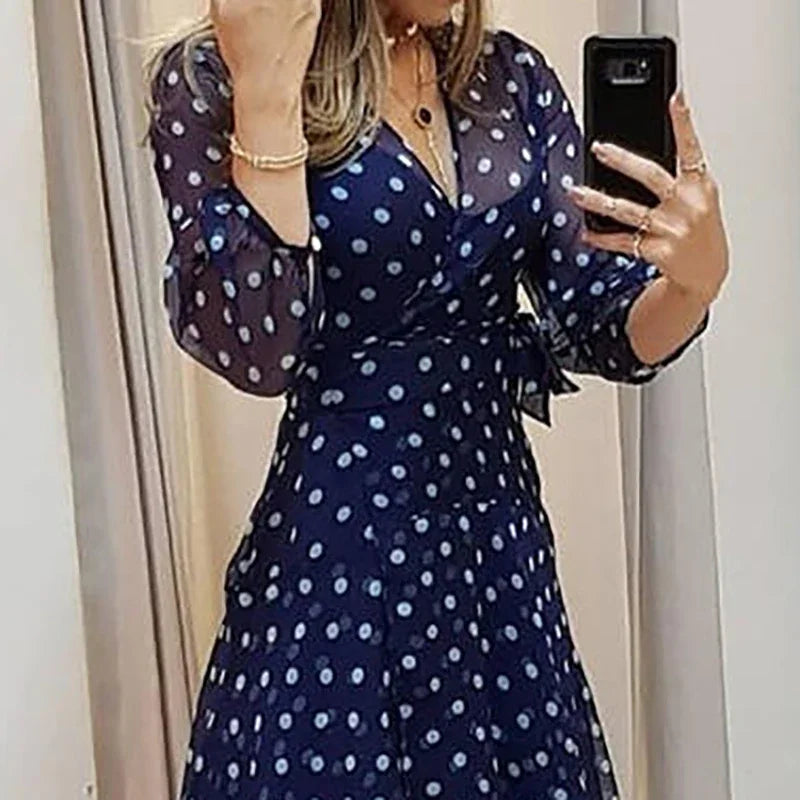 Polka Dot Maxi Dress – Long Sleeve V-Neck Dress with Wrap Waist, Tiered Skirt and Sheer High-Low Hem for Parties & Special Events