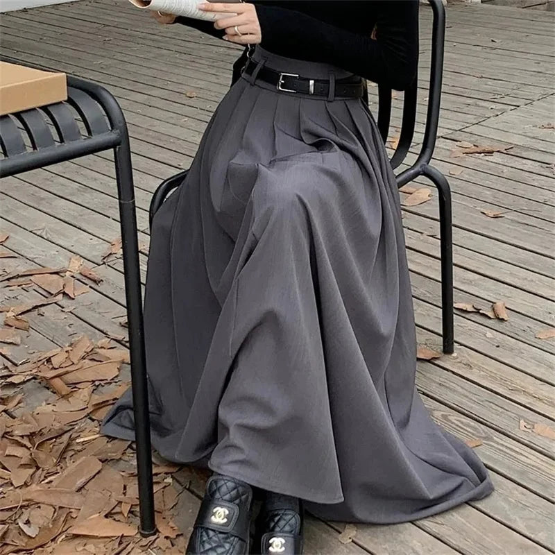 High Waisted Maxi Skirt Pleated A Line Long Flared Skirt Belted Flowing Full Length Casual Office Workwear