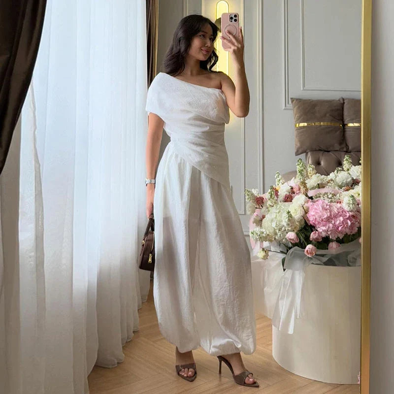 Off Shoulder Draped Top & Wide Leg Pants Co-Ord Set | Elegant Two Piece Flowing Outfit | Chic Vacation, Brunch & Occasion Wear