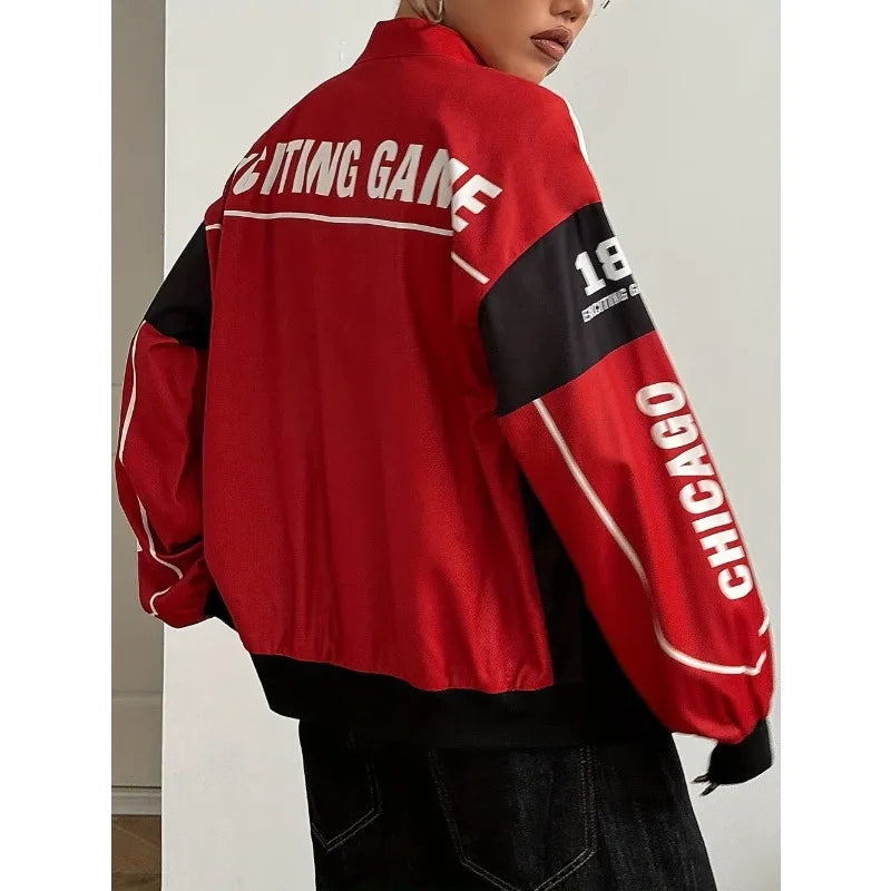Racing Graphic Bomber Jacket, Motorsport-Inspired Zip-Up Jacket with Contrast Panels and Sporty Details, Streetwear Outerwear