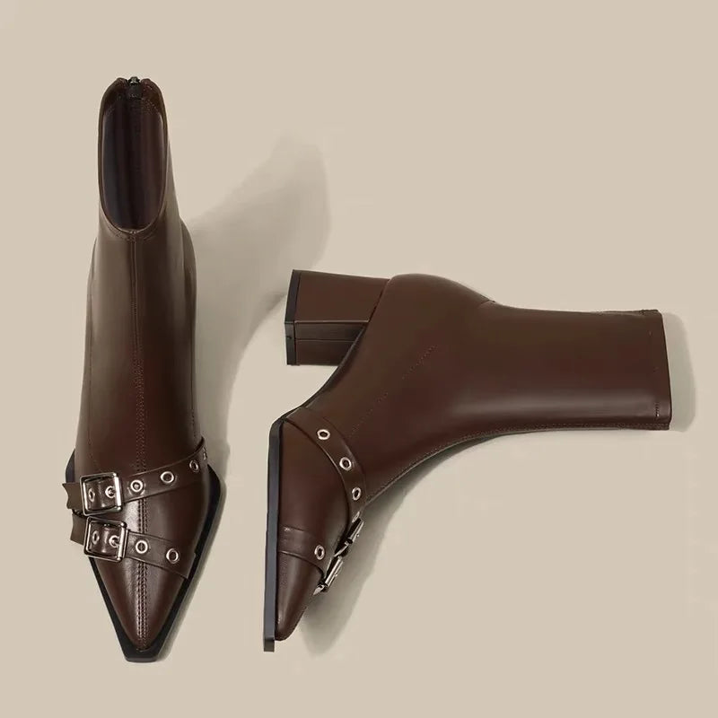 Pointed Toe Ankle Boots | Buckle Strap Block Heel Booties | Modern Zip-Up Fashion Boots