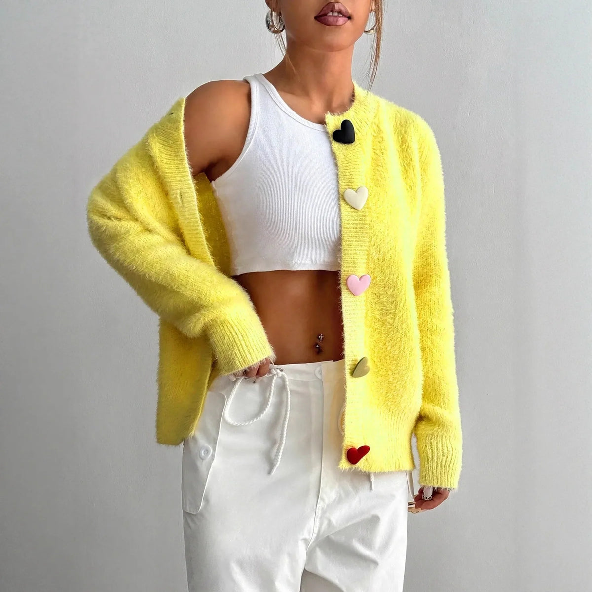Fluffy Knit Cardigan, Button-Up Sweater Jacket with Heart-Shaped Buttons and Relaxed Fit, Cozy Casual Spring Fall Outerwear