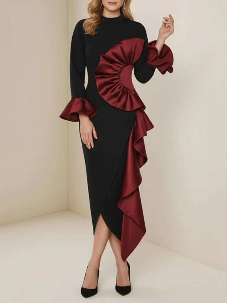 Ruffle Midi Dress – Long Sleeve Bodycon Dress with Draped Waist, Statement Ruffles and Asymmetrical Hem for Cocktail Parties & Events