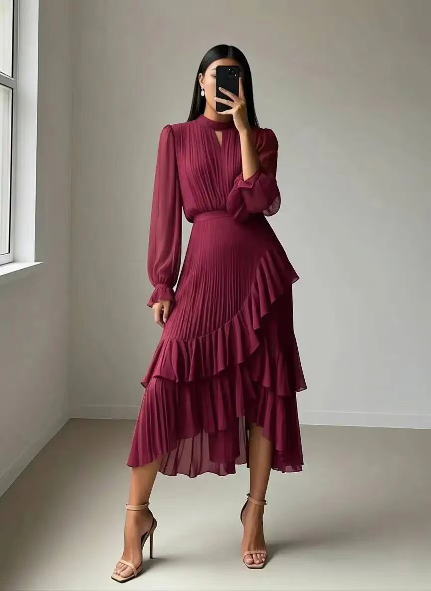 Pleated Ruffle Midi Dress – Long Sleeve Chiffon Dress with High Neckline, Keyhole Detail, Balloon Sleeves and Asymmetrical Tiered Hem
