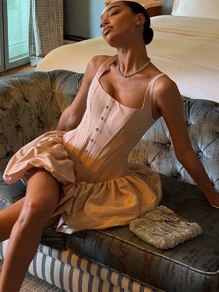 Satin Mini Dress – Spaghetti Strap Cowl Neck Dress with Draped Bodice, Defined Waist and Flared Skirt for Date Nights & Special Events