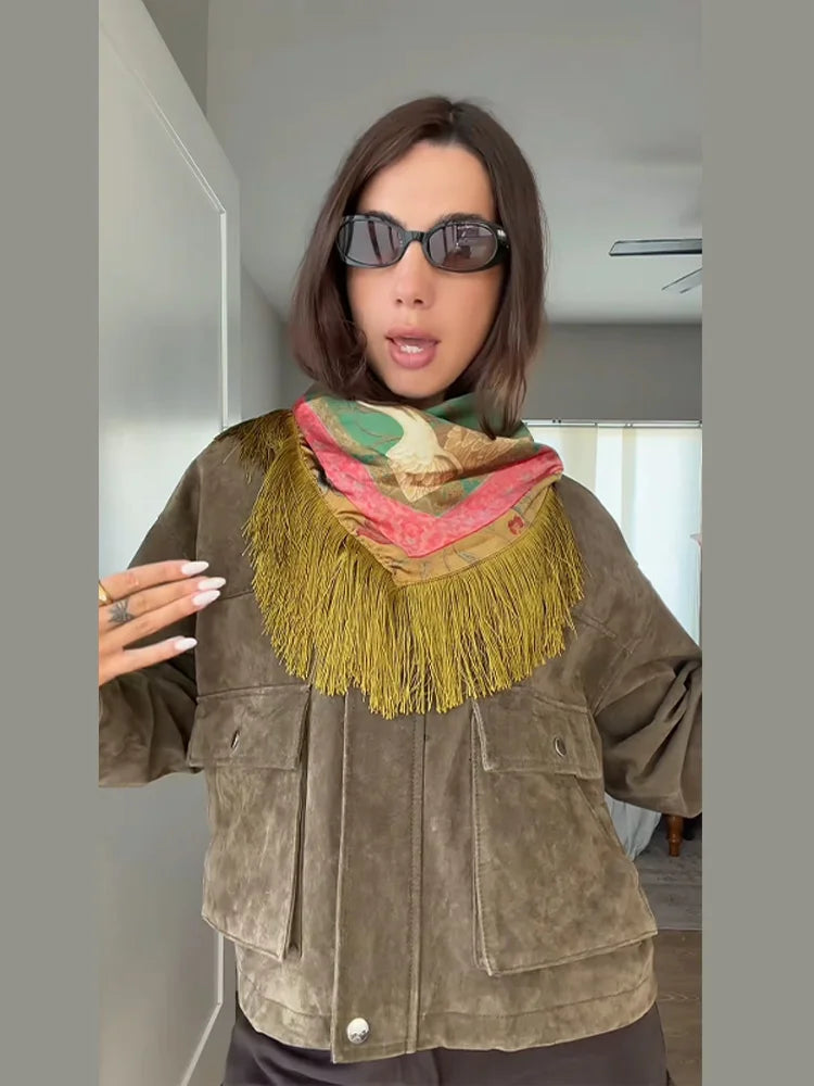 Women's Bird Print Triangle Shawl, Colorful Printed Scarf with Fringed Edges, Bohemian Statement Wrap for Women