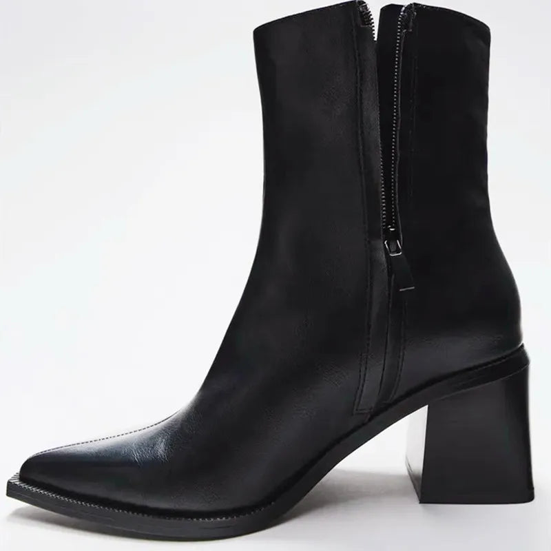 Pointed Toe Ankle Boots | Chunky Block Heel Booties | Minimalist Zip-Up Dress Boots