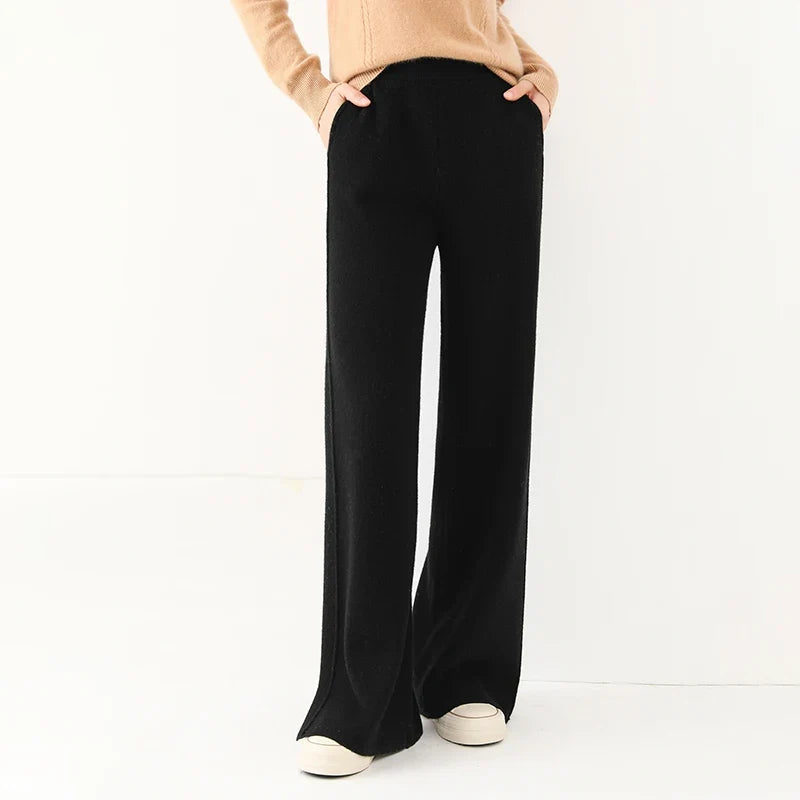 High Waisted Wide Leg Knit Pants Relaxed Fit Flowing Trousers Stretchy Casual Lounge Bottoms Minimalist Style