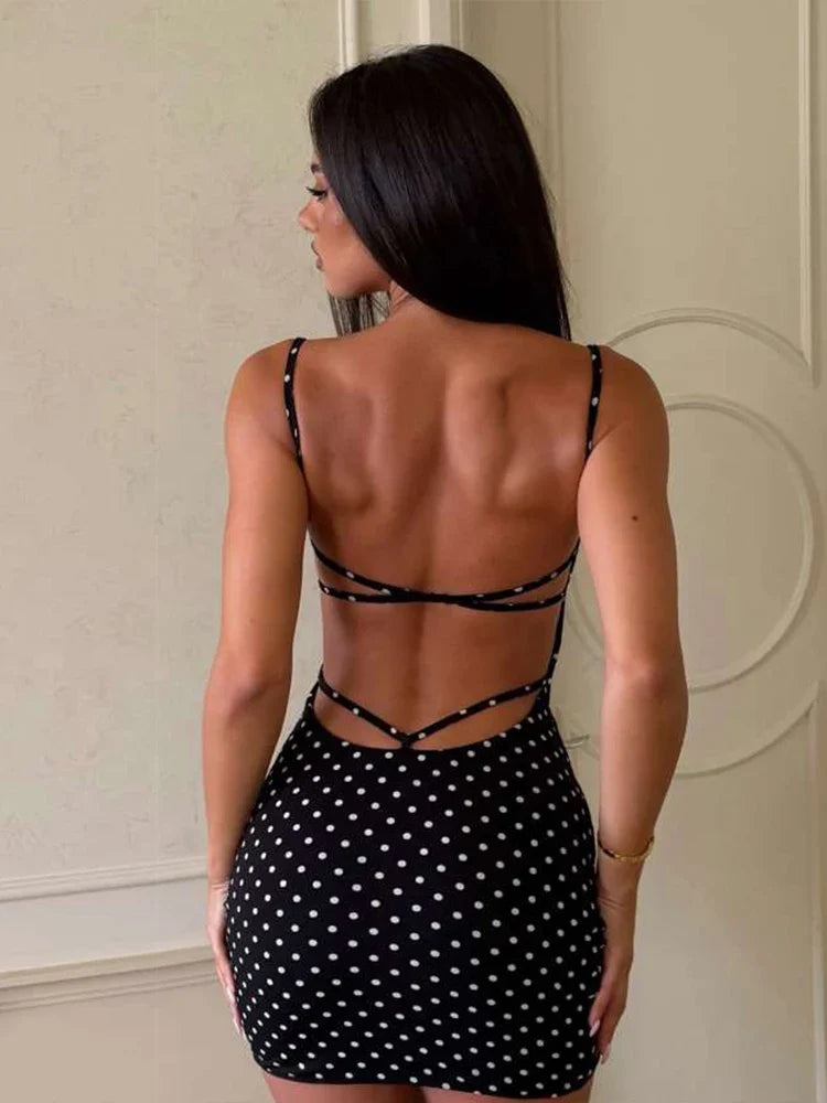 Polka Dot Mini Dress – Spaghetti Strap Square Neck Dress with Fitted Silhouette, Ruched Side Detail and Flared Hem for Summer & Date Nights