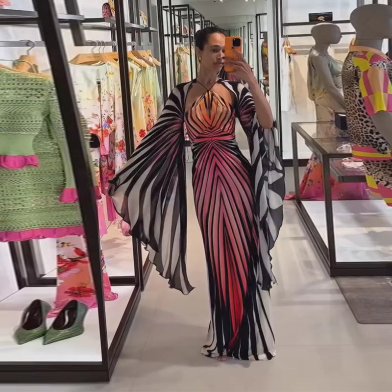 Printed Maxi Dress with Cape – Halter Neck Bodycon Gown with Abstract Stripes, Plunging Neckline and Flowing Shawl Overlay