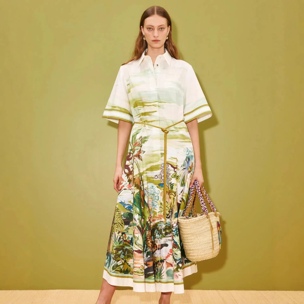 Printed Midi Dress – Collared Short Sleeve Shirt Dress with Button Front, Defined Waist and Flared Skirt for Vacations & Casual Events