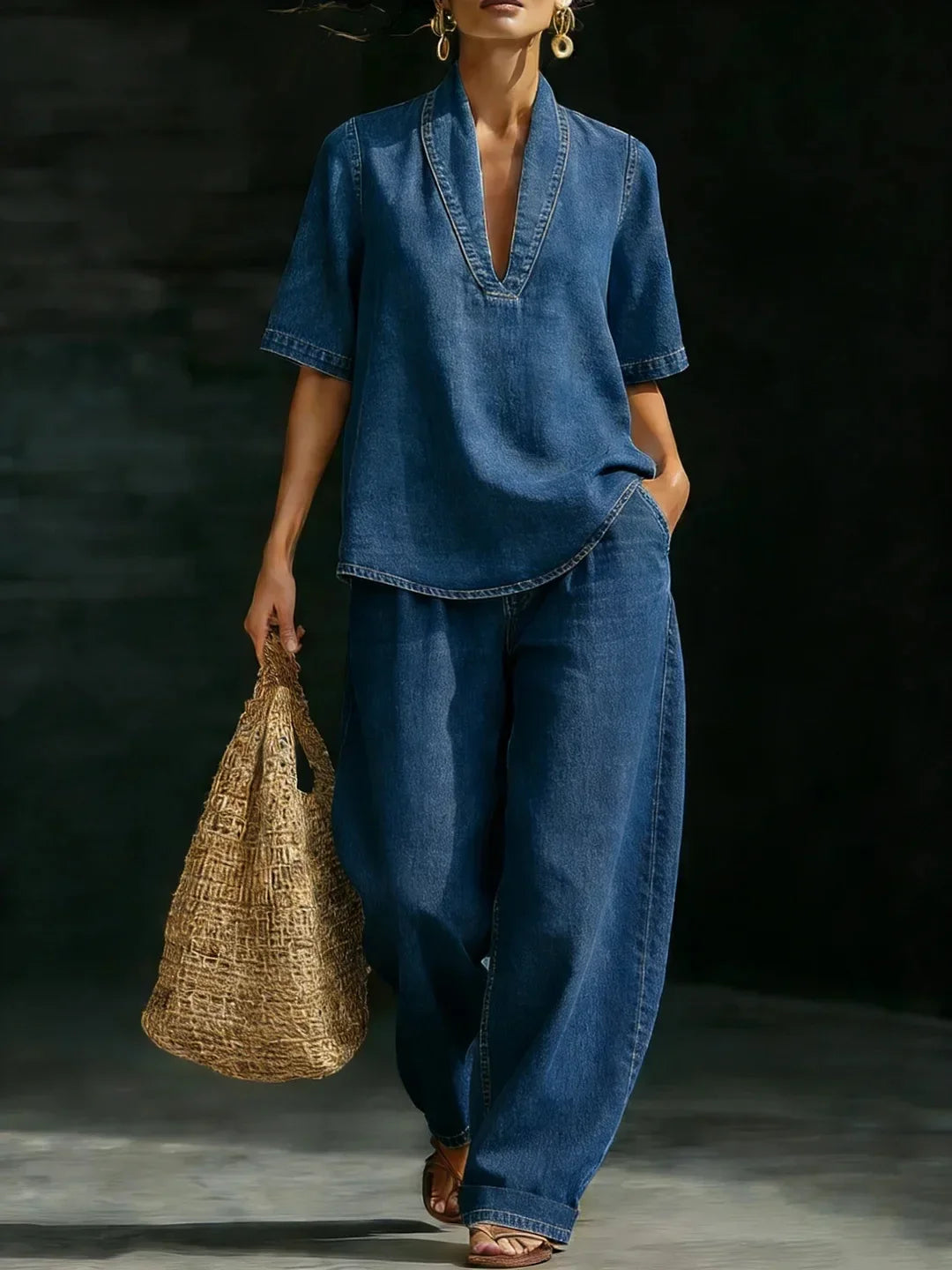 V-Neck Denim Top & Wide Leg Jeans Co-Ord Set | Short Sleeve Two Piece Casual Outfit | Chic Everyday Travel & Weekend Matching Set