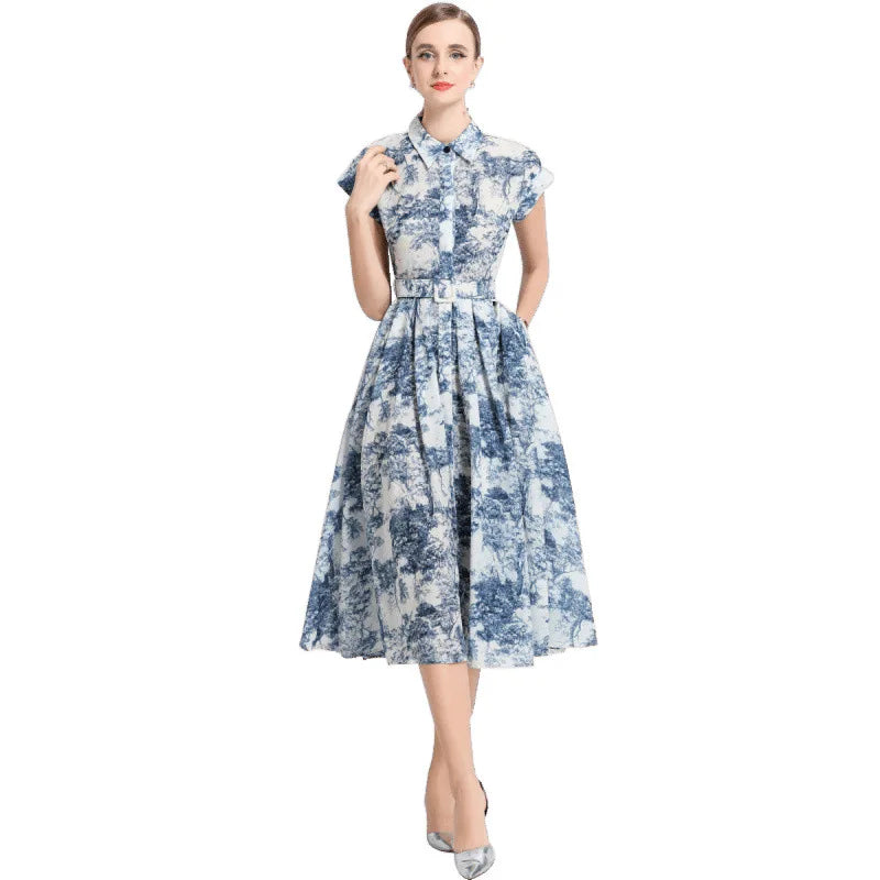 Floral Shirt Midi Dress – Short Sleeve Collared A-Line Dress with Button Front, Defined Waist and Flared Skirt for Brunch, Weddings & Events