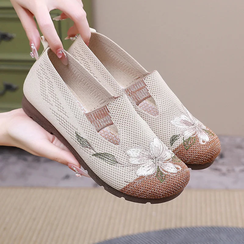 Floral Embroidered Slip-On Shoes | Lightweight Wedge Loafers | Breathable Casual Walking Shoes