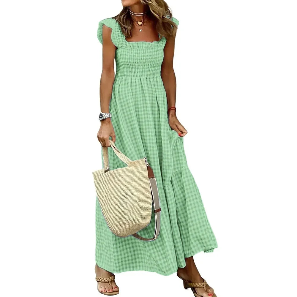 Gingham Maxi Dress – Smocked Square Neck Sundress with Short Sleeves and Flowy A-Line Skirt for Brunch, Vacation & Summer Outings
