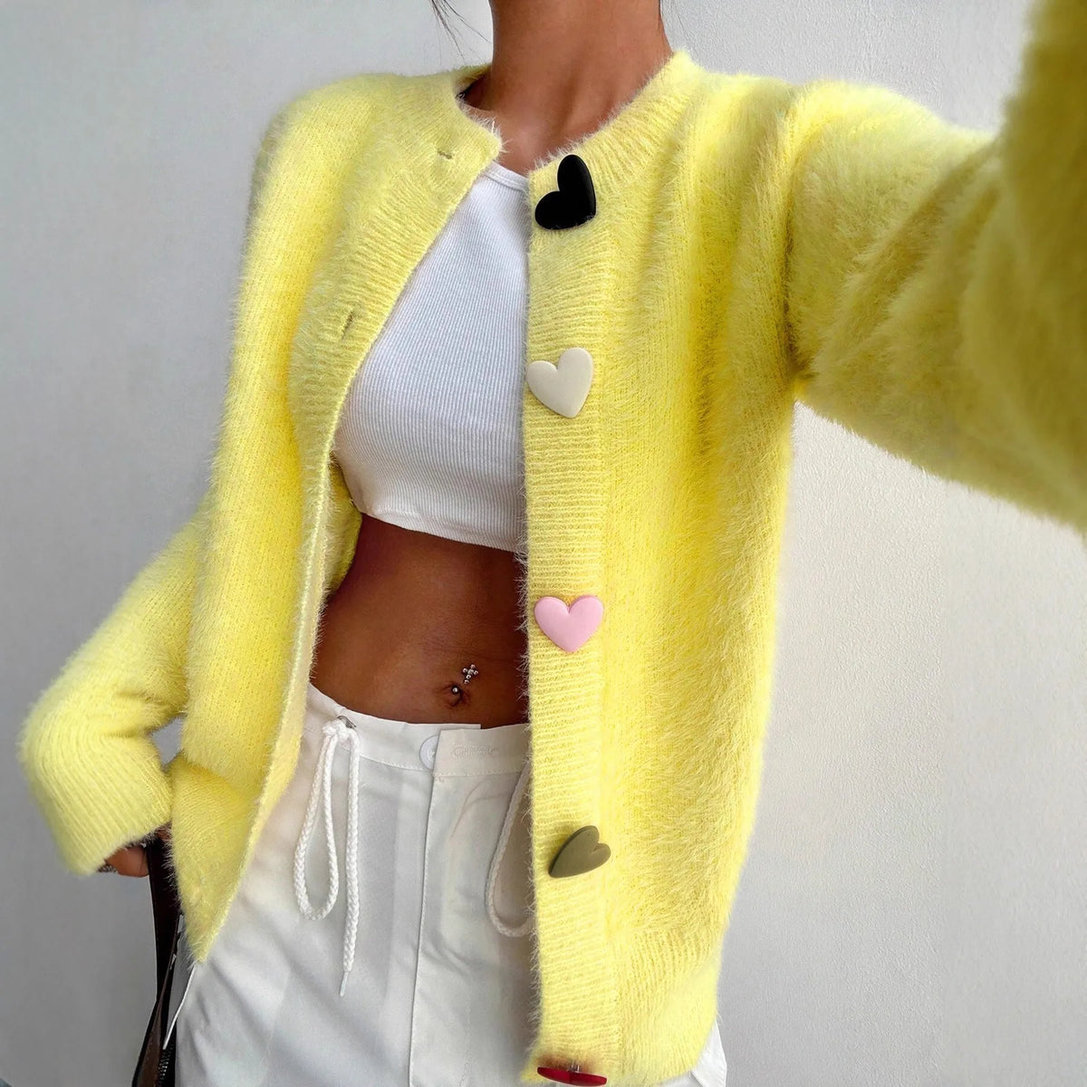 Fluffy Knit Cardigan, Button-Up Sweater Jacket with Heart-Shaped Buttons and Relaxed Fit, Cozy Casual Spring Fall Outerwear