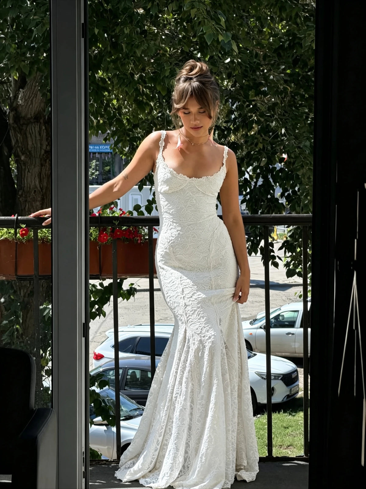 Lace Mermaid Maxi Dress – Open Back Wedding Gown with Spaghetti Straps, Corset Lace-Up Back and Floral Lace Floor-Length Skirt