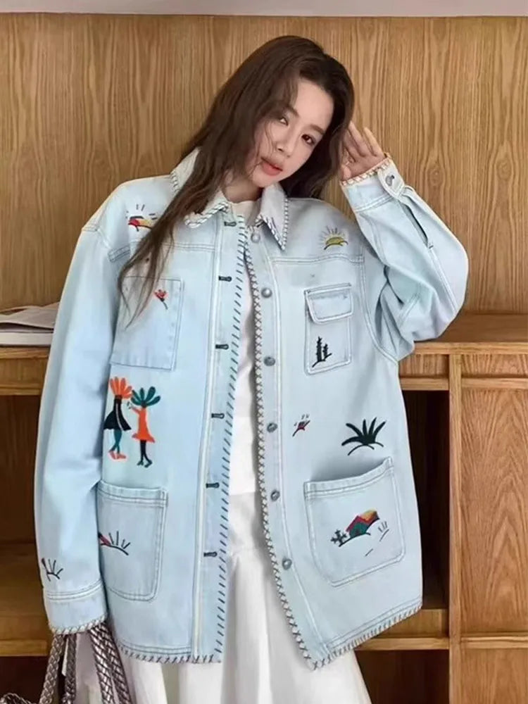 Embroidered Denim Utility Jacket, Oversized Button-Up Jacket with Patch Pockets and Artistic Details, Casual Layering Outerwear