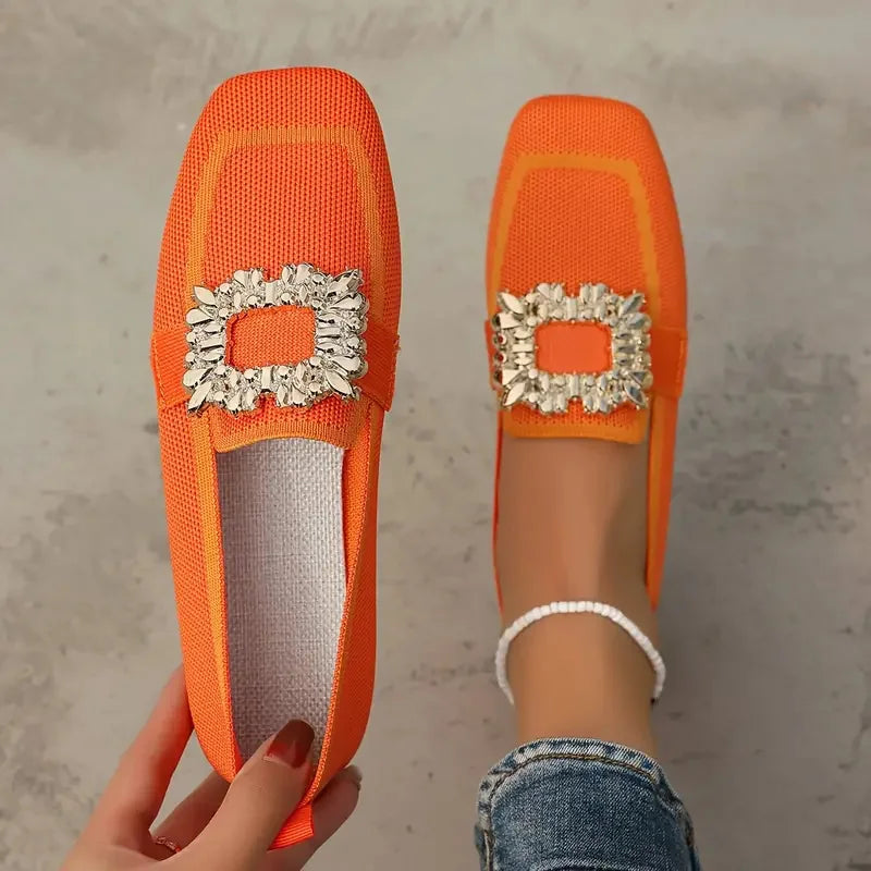 Embellished Loafers | Square Toe Slip-On Flats | Rhinestone Buckle Casual Dress Shoes
