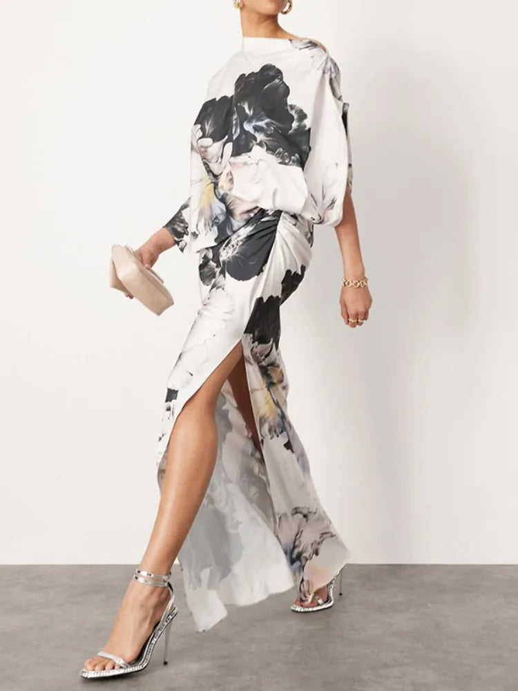 Abstract Print Maxi Dress – Short Sleeve Crew Neck Dress with Draped Silhouette, High Side Slit and Flowing Floor-Length Design for Events