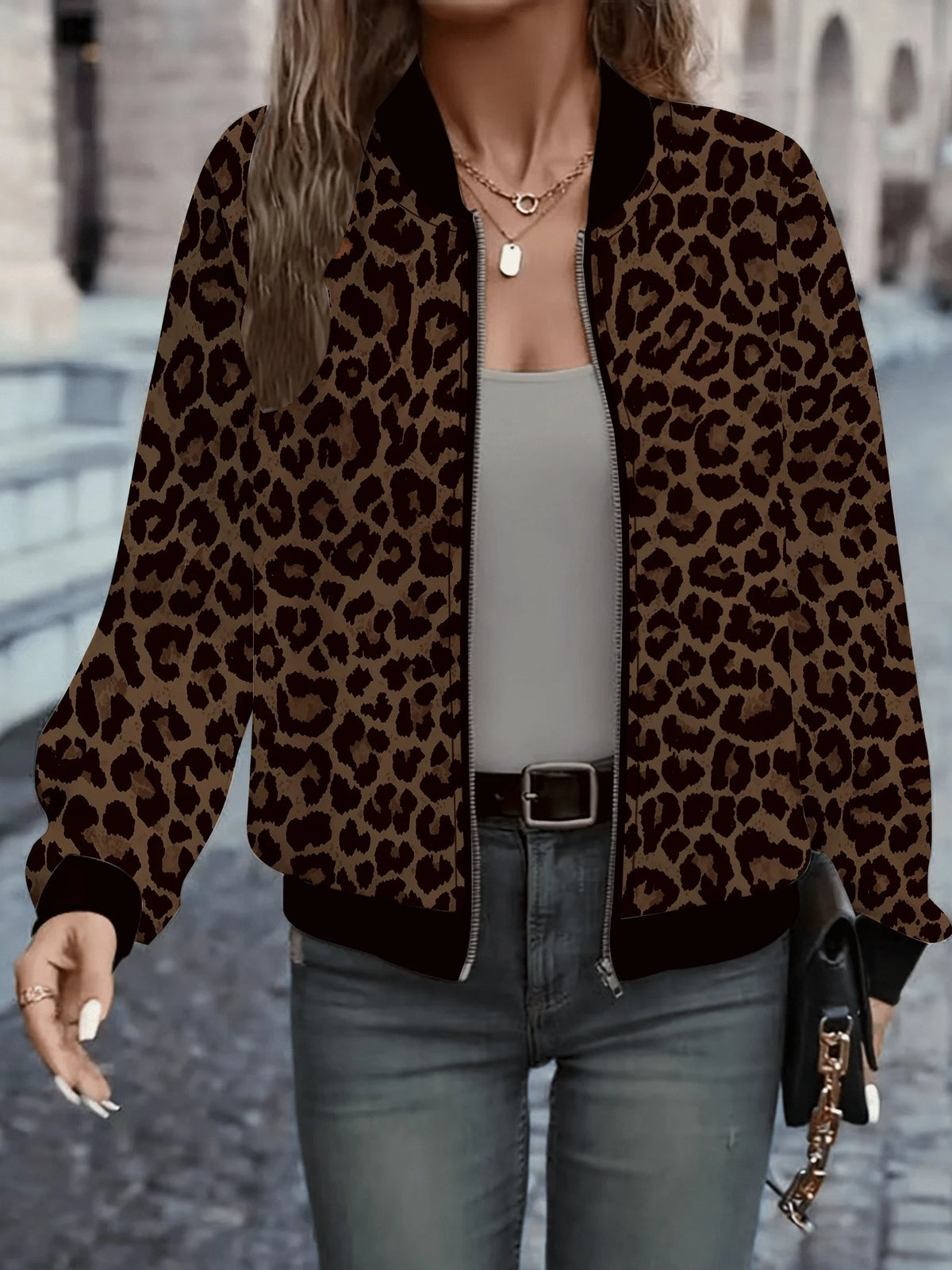 Leopard Print Bomber Jacket, Zip-Up Jacket with Ribbed Collar and Cuffs, Relaxed Fit Animal Print Casual Streetwear Outerwear