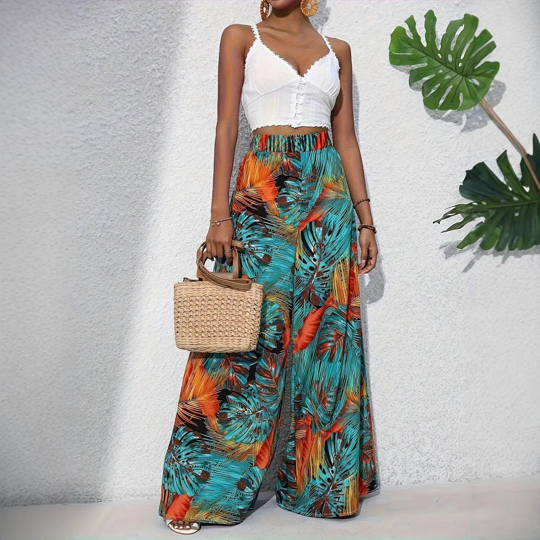 High Waisted Wide Leg Palazzo Pants Tropical Print Flowy Beach Trousers Full Length Boho Resort Vacation Bottoms