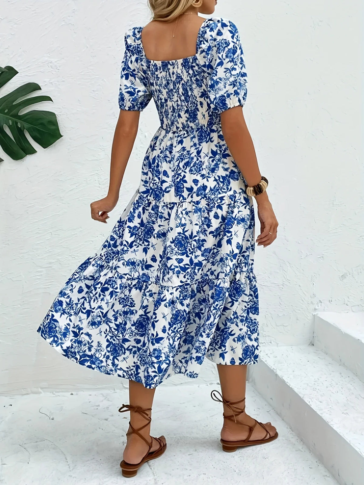 Floral Midi Dress – Off Shoulder Short Sleeve Dress with Fitted Bodice, Defined Waist and Flared Skirt for Vacations, Brunch & Summer Events