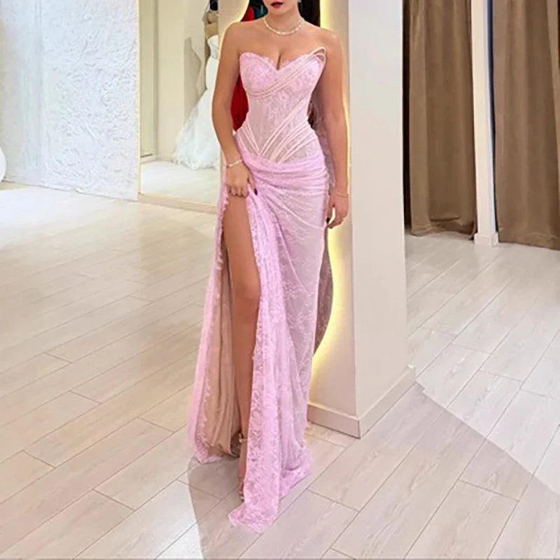 Lace Mermaid Maxi Dress – Strapless Sweetheart Neck Gown with Corset Bodice, Ruched Waist and High Side Slit for Weddings & Formal Events