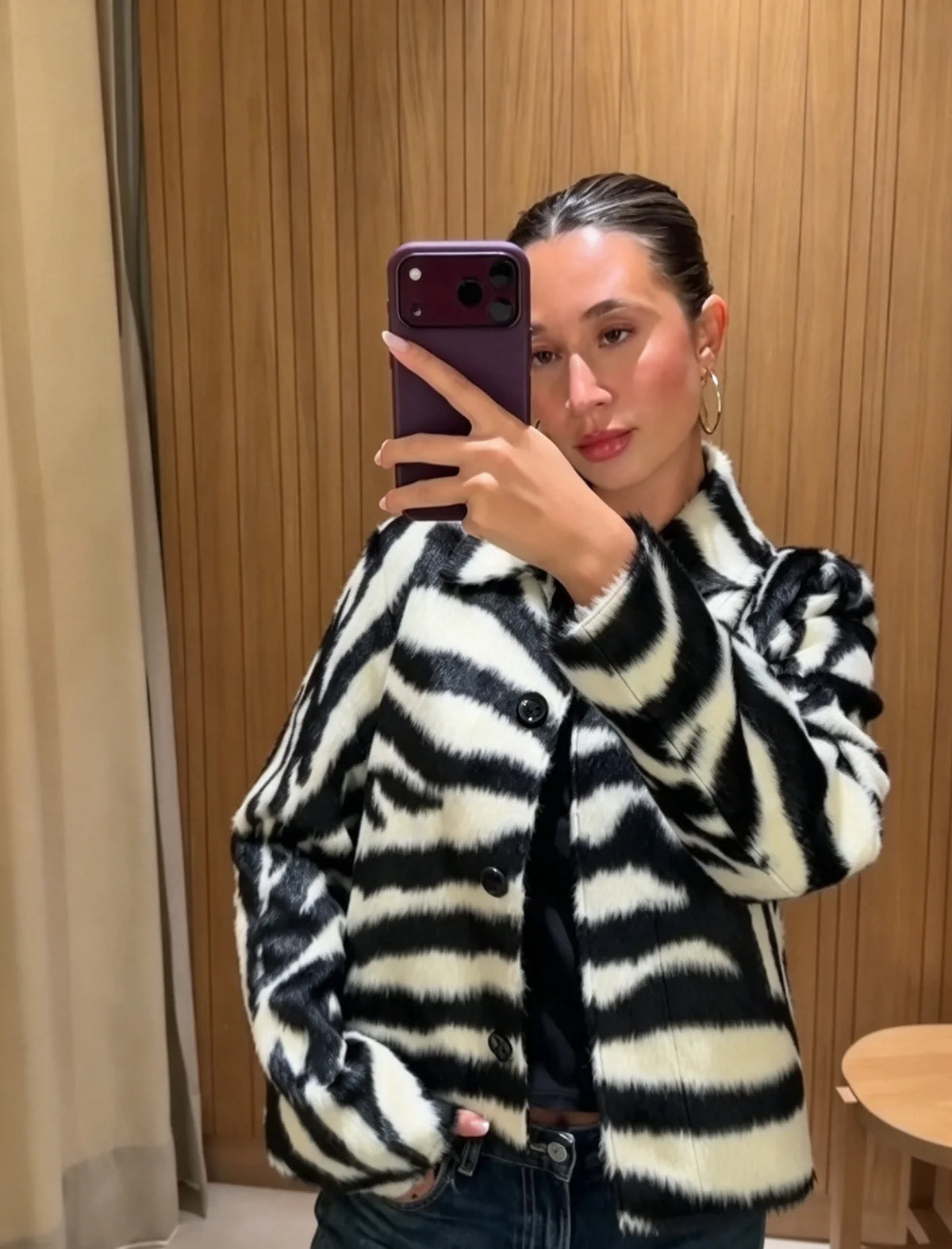 Zebra Print Jacket, Faux Fur Button Front Coat with Classic Collar and Relaxed Fit, Chic Statement Winter Outerwear