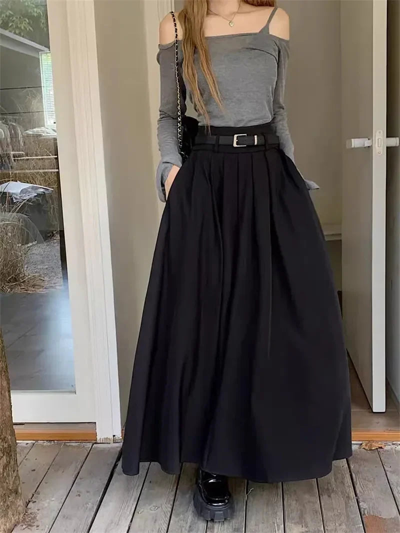High Waisted Maxi Skirt Pleated A Line Long Flared Skirt Belted Flowing Full Length Casual Office Workwear