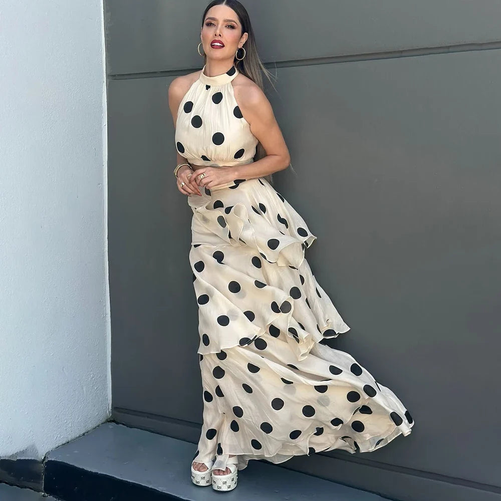 Halter Crop Top & Tiered Maxi Skirt Co-Ord Set | Polka Dot Two Piece Outfit with Ruffle Layers | Chic Summer Party & Vacation Matching Set