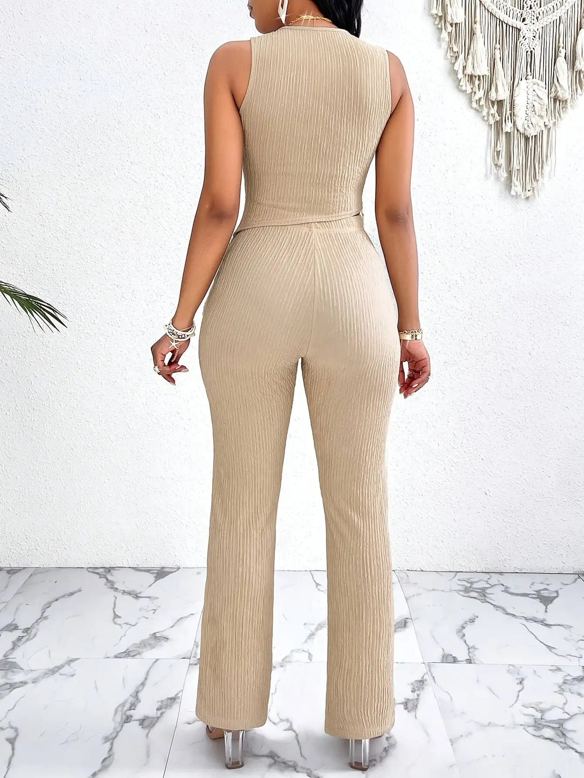 Fringe Knit Crop Top & Slim Fit Pants Co-Ord Set | Sleeveless Two Piece Boho Outfit | Chic Vacation & Resort Wear Matching Set