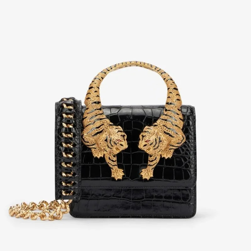 Luxury Inspired Mini Top Handle Bag, Embellished Structured Handbag with Ornate Hardware & Chain Strap, Elegant Evening Purse for Parties & Events