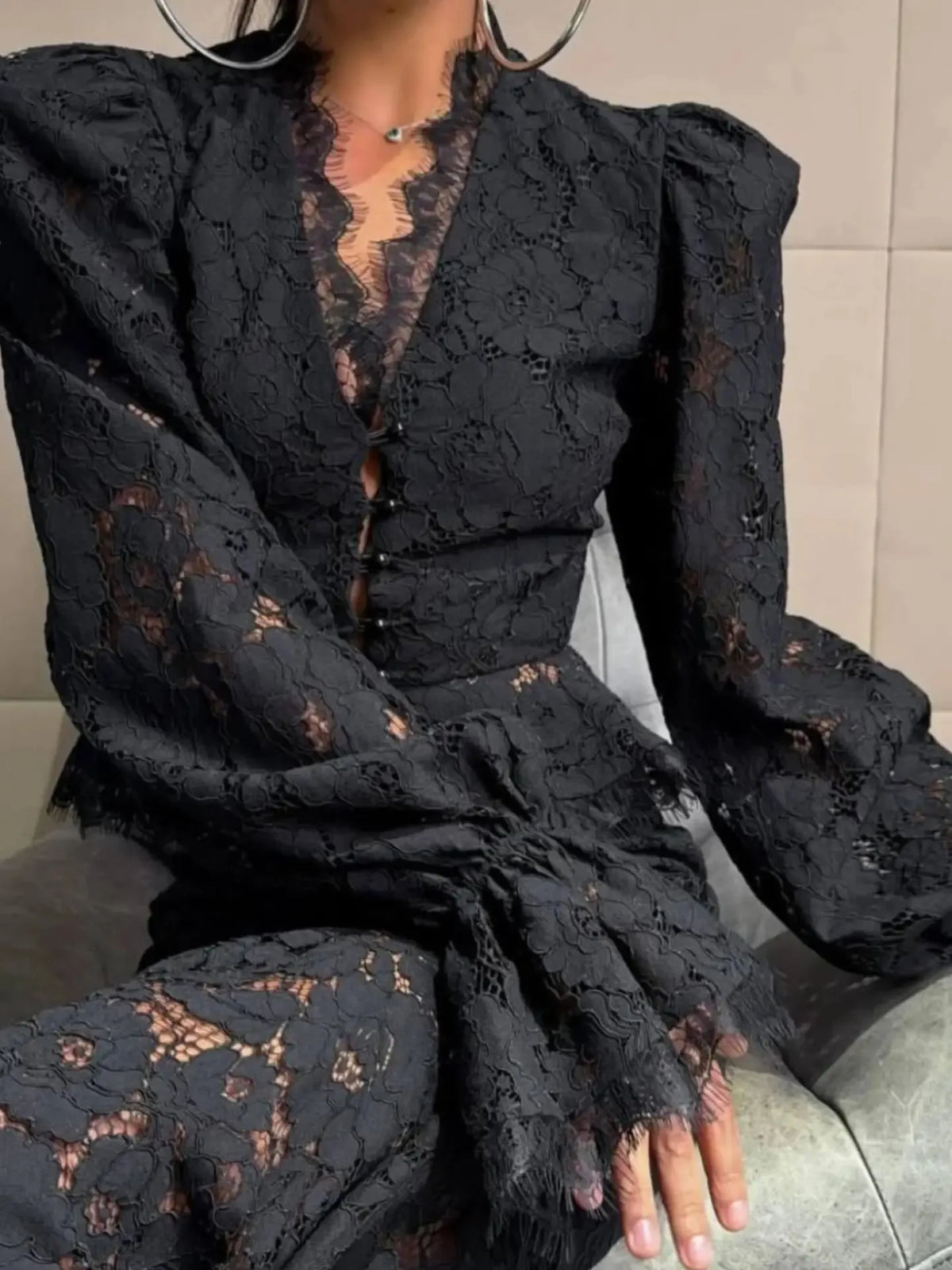 Lace Blouse & Wide Leg Pants Co-Ord Set | Long Sleeve Two Piece Outfit with Floral Lace Detail | Elegant Evening & Party Wear
